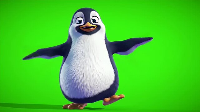 Animated penguin character walking on green screen footage for digital compositing