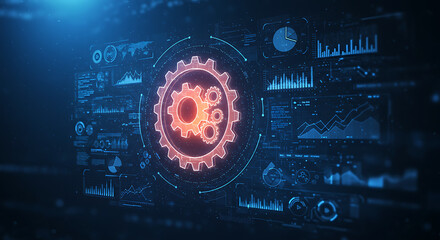 Obraz premium Complex digital interface with gears and data visualizations. Technology and engineering concepts for automation and process.