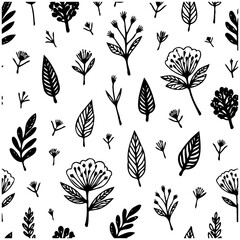Fototapeta premium Botanical black and white seamless pattern with hand-drawn flowers and foliage