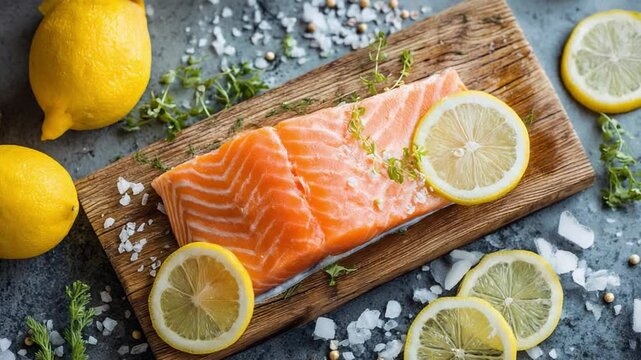 Flat lay of a perfectly cooked salmon fillet with lemon slices