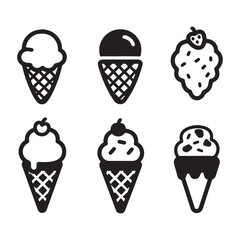 A black and white illustration of six simple ice cream icons