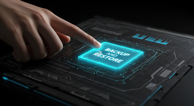 Backup and Restore: Finger presses glowing button, emphasizing data protection and recovery in a high-tech digital environment.