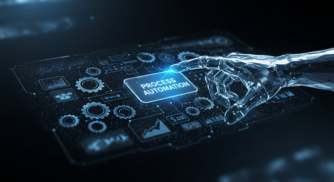 Robotic hand activating process automation on a futuristic interface. Advanced tech streamlines workflows for efficiency and innovation.