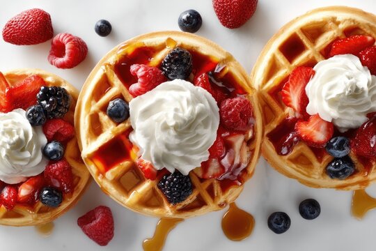 Three round waffles topped with whipped cream and a medley of fresh berries.