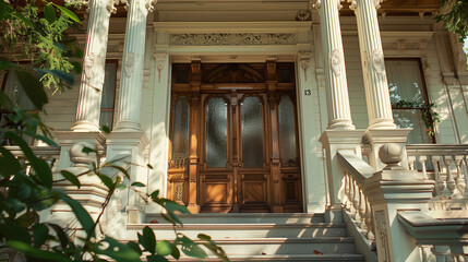 Naklejka premium Elegant house facade with refined architectural details, embodying timeless sophistication and welcoming charm