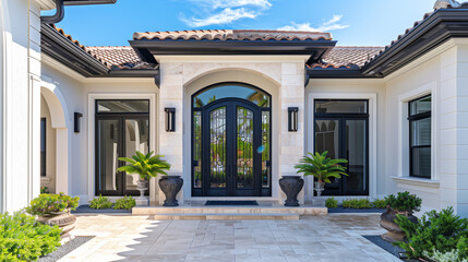 Fototapeta premium Elegant house facade with refined architectural details, embodying timeless sophistication and welcoming charm