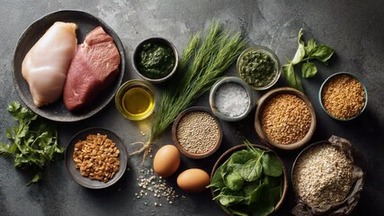 Nutrient Array: A curated visual of diverse protein sources and essential nutrients, presented artfully. Highlighting a balanced and vibrant dietary composition for optimal health and wellness. - Powered by Adobe