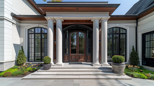 Elegant house facade with refined architectural details, embodying timeless sophistication and welcoming charm