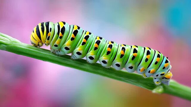 Caterpillar on green leaf macro, caterpillar on green leaf close-up, caterpillar on green leaf in nature ,nature lifecycle close-up ,insect macro photography