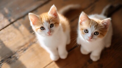 two adorable kittens sitting on the wooden floor.