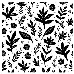 Monochrome botanical pattern with assorted flora elements in seamless repetition