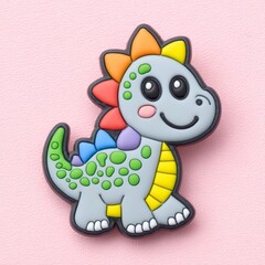 Obraz premium Cute Cartoon Grey Dinosaur with Rainbow Spikes on Pink Background