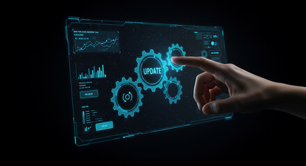 Hand interacts with a glowing futuristic user interface showing data visualizations and an update process on a dark background.