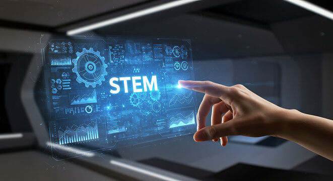 STEM Education Concept: A hand touches a futuristic interface displaying data, charts, and the word STEM. - Powered by Adobe