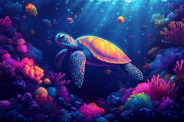 Obraz premium Sea turtle swims vibrant coral reef, sunlit ocean