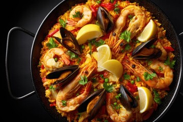 Delicious seafood paella dish in a round pan.