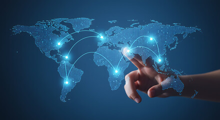 Global connectivity and touch-based interaction with a digital world map, highlighting networks and globalization concept.