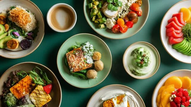 Top view  of a clean eating menu with colorful meals portioned on various plates.