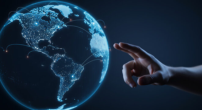 Global Connections: Illuminated Earth with Hand Interacting, representing technology and global communication. Networked world visualization.