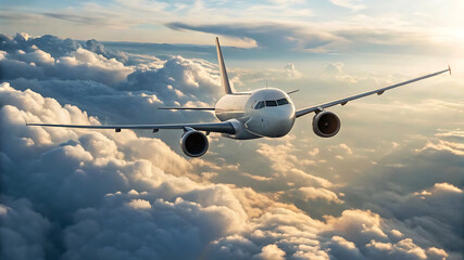 Fototapeta premium Majestic Airplane Soaring Above a Sea of Clouds at Sunset - Breathtaking Aerial View of Commercial Jet in Flight