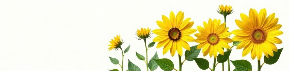 Obraz premium Bright yellow sunflowers, seed heads, white backdrop, nature, texture