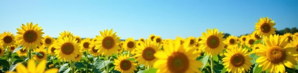 Obraz premium Vast sunflower field, vibrant yellow blooms under a clear blue sky, picture, bright, flora