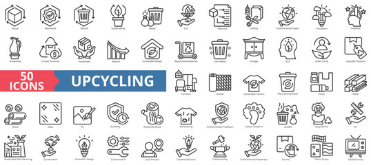 Upcycling icon collection set. Containing reuse, repurpose, recycle, sustainability, waste, eco, materials, crafting, environmental impact, innovation icon. Simple outline vector illustration.
