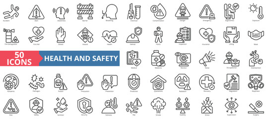 Health and safety icon collection set. Containing accident, alert, awareness, barrier, breathing, chemical, contamination, danger, emergency, ergonomics icon. Simple outline vector illustration.