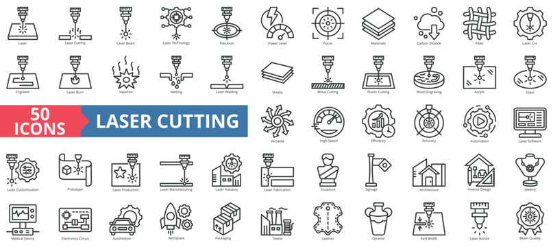 Laser cutting icon collection set. Containing cutting, beam, technology, precision, power level, focus, materials, carbon dioxide, fiber, cnc, engraver icon. Simple outline vector illustration.