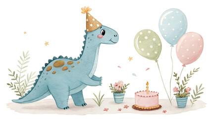 Fototapeta premium Adorable Watercolor Dinosaur Celebrating Birthday with Cake and Balloons - Cute Baby Dino Party Illustration