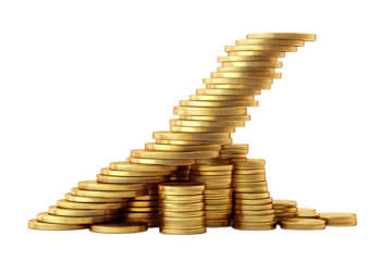 Stacks of shiny gold coins arranged in a staircase formation against a black background studio shot