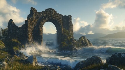 Ancient stone arch at the sea. Waves crash, sunny day, mountains visible in distance