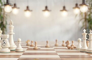 Fototapeta premium A beautifully arranged chessboard with elegant pieces set for a game, illuminated by soft pendant lights in a cozy environment.