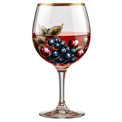 White wine glass with red berries and green leaves isolated on transparent background