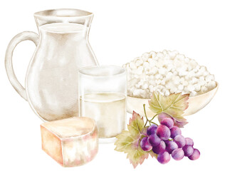Delicious rustic food with cottage cheese, milk, cheese, jug, grapes on white background. Great for farm shops, eco product branding, healthy eating blogs, and rustic lifestyle postcards