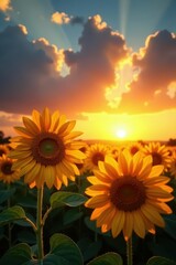 Obraz premium Golden sunset bathes swaying sunflowers in warm light Dramatic sky, vibrant colors , peaceful, field, agriculture