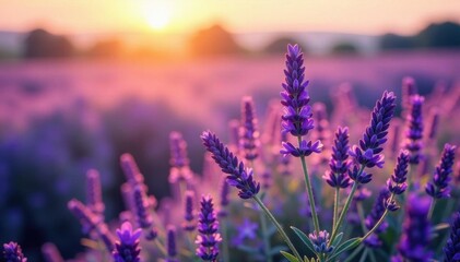 Vibrant purple lavender, swaying wild grasses, hazy sun, soft focus, blurred, photography