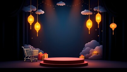 A festive stage backdrop with glowing lanterns.