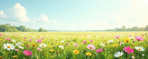 Pastel wildflowers dot a minimalistic marshy plain under a pale sky , simple, stock photo