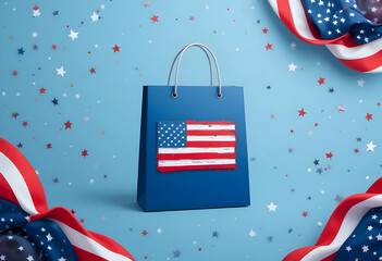 Patriotic shopping bag with American flag design and festive Fourth of July elements.