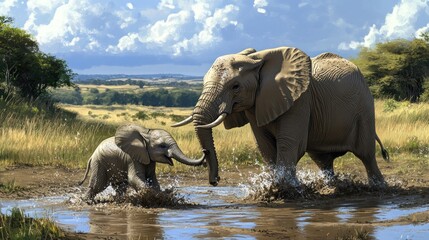 Fototapeta premium Elephants playing mud puddle, savanna