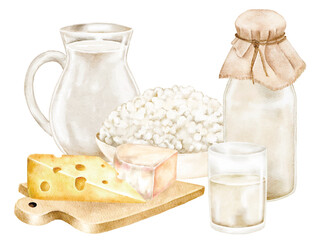 Cheese and milk still life with rustic board on white background. Great for artisan dairy advertising, eco-lifestyle blogs, rustic bakery menus, and culinary postcards, happy shavuot