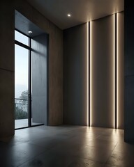 Modern Minimalist Interior Design Sleek Grey Walls, Linear Lighting, and Panoramic Views