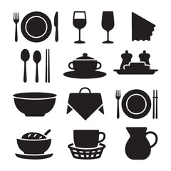 A high-resolution set of 20 dining tools icon silhouettes in pure black, placed on a solid white background.