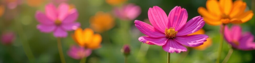Fototapeta premium Cosmos flowers bloom vibrantly in a garden setting , garden, pastel