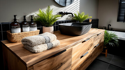 Modern bathroom design with wooden vanity, black sink, and lush greenery.  Sunlight streams through window.