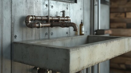 Rustic concrete sink, pipe faucet, log cabin