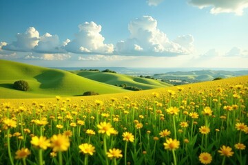 Obraz premium Rolling hills of Texas, awash in dense yellow wildflowers , country, photography