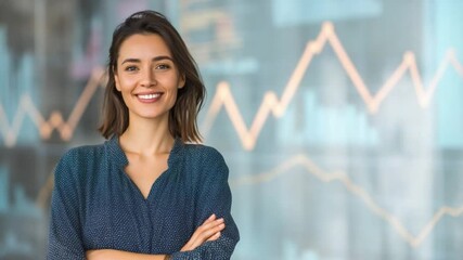 Investing Confidence: A poised woman stands confidently against a backdrop of financial graphs. Her serene smile radiates assurance, representing financial acumen and stability. 