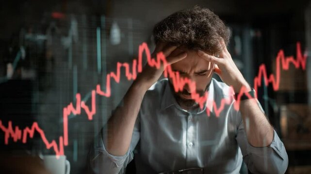 Financial Stress: A man clutches his head, a visual representation of economic downturn and the burden of financial stress, with a graphic of a declining graph superimposed over his silhouette. 